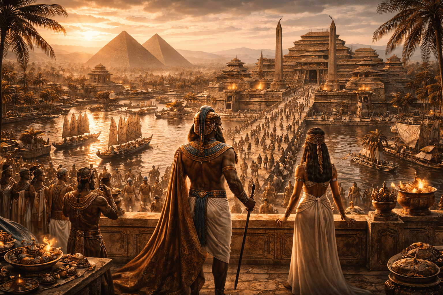 The Nile flowing past temples, pyramids, and royal cities of ancient Egypt.