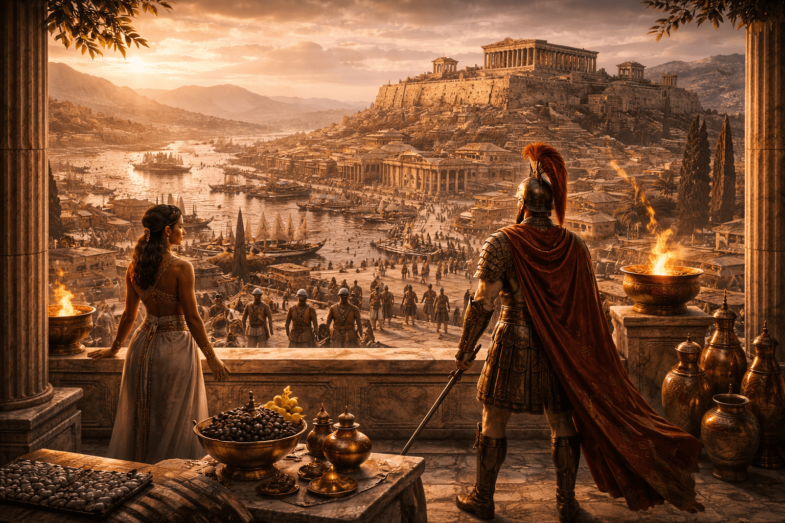 Sunlit temples above a bustling Greek polis, hoplites assembling below as philosophers debate in a colonnaded square