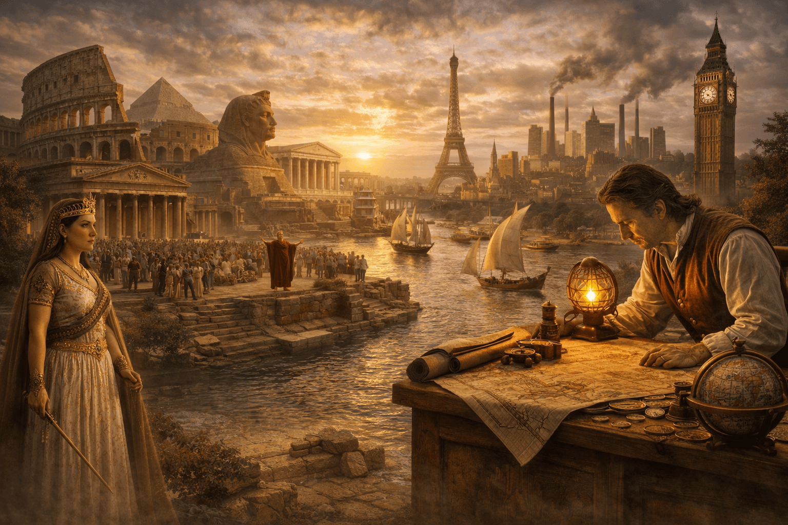 Historical collage showing connected eras across world history