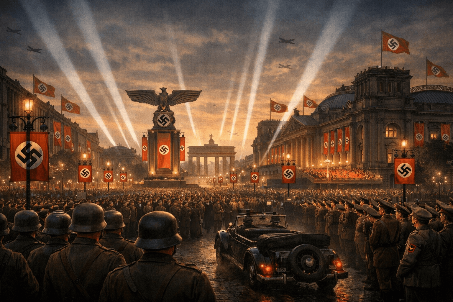 Berlin in the 1930s beneath Nazi banners and mass rallies