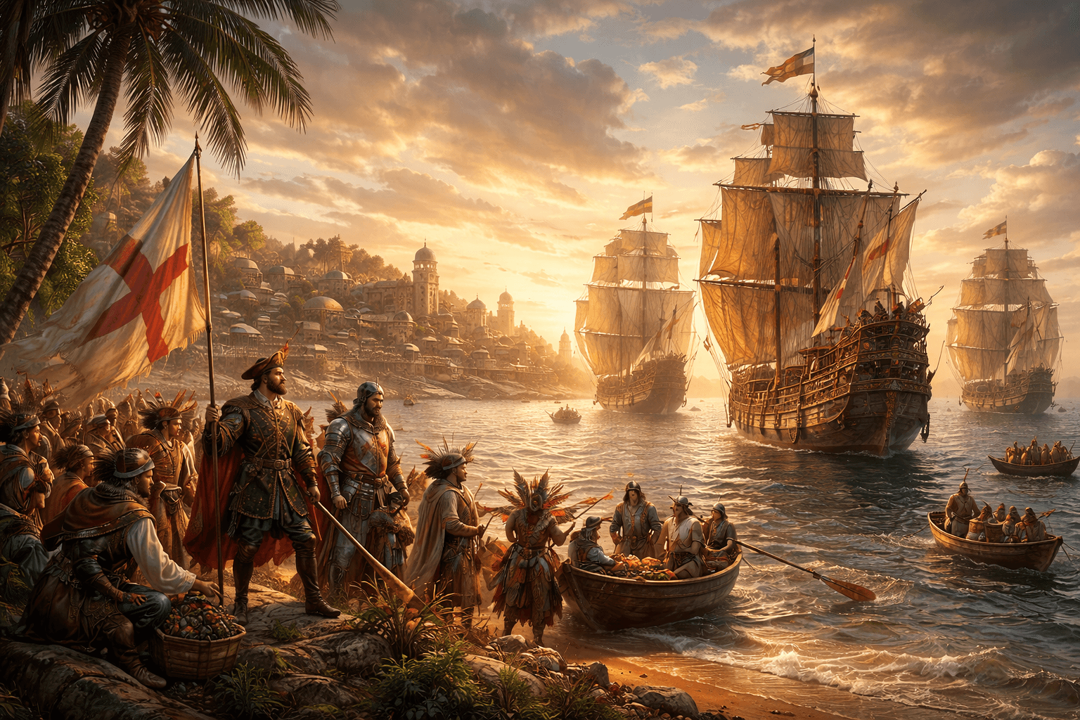 Ocean-going caravels arriving on distant shores during the Age of Exploration