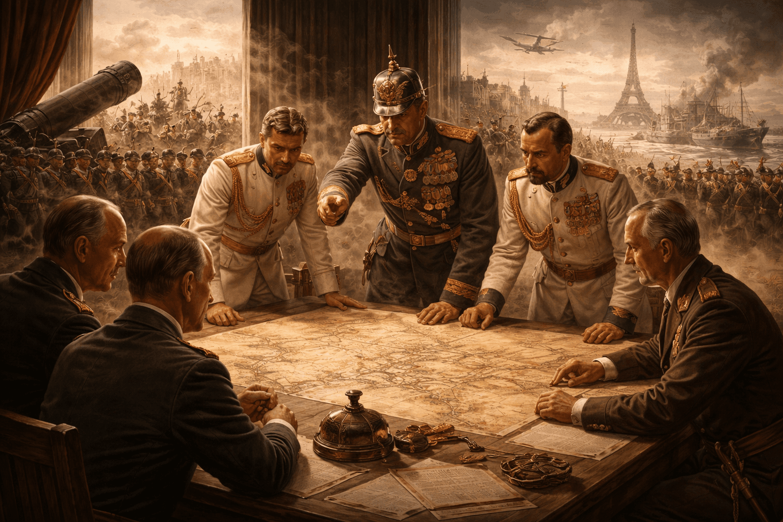 European statesmen and military leaders gathered around a table covered in maps, alliance documents, and mobilisation schedules as tensions reach breaking point