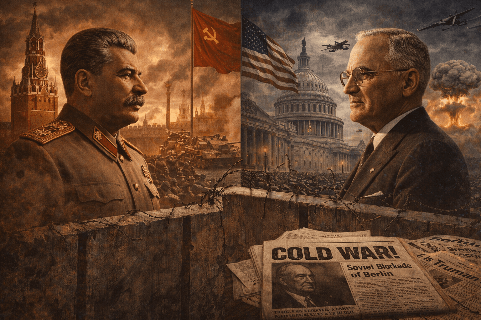 A brooding, minimalist Cold War skyline under a heavy grey sky, suggesting division, surveillance, and nuclear tension