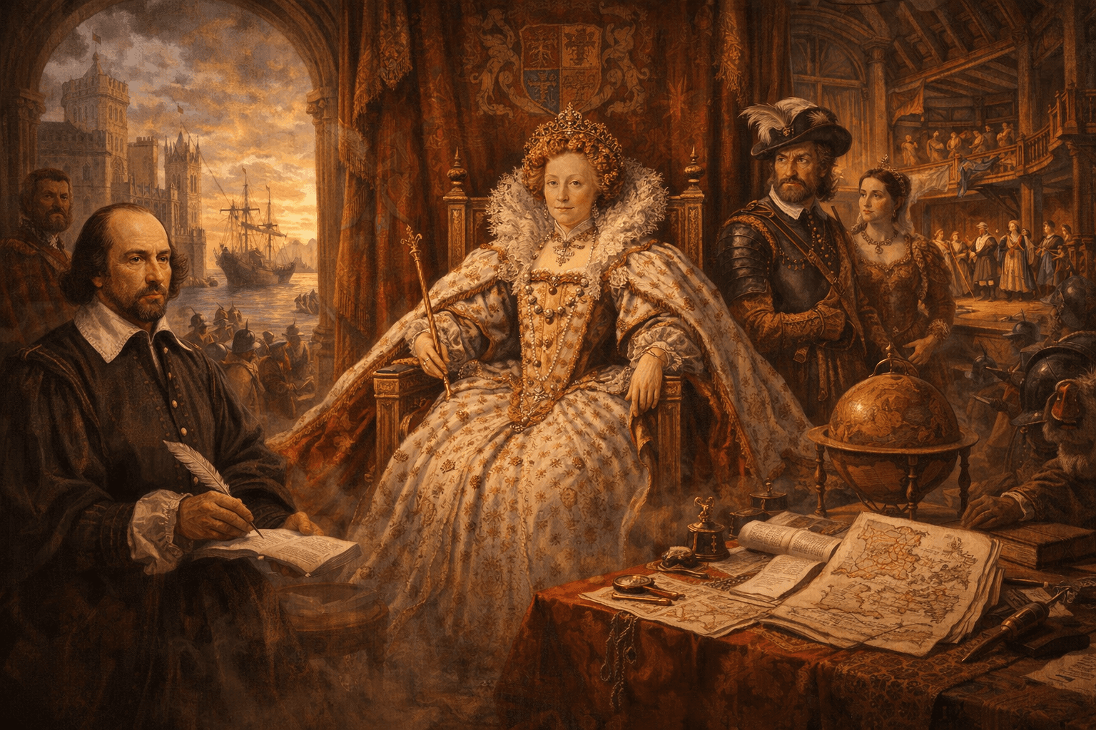 Queen Elizabeth I presiding over a flourishing Elizabethan court during Englandβs golden age
