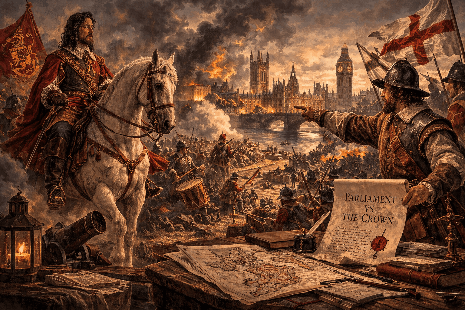 Parliamentarian and Royalist forces preparing for battle during the English Civil War