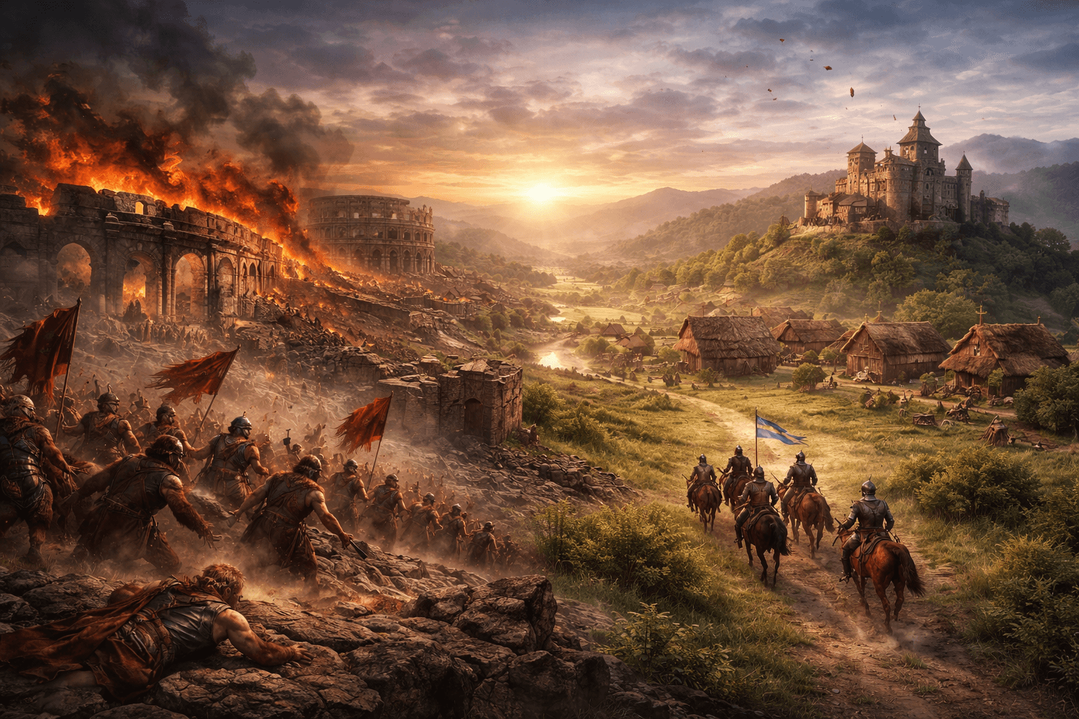 A Roman city falling into ruin as Germanic warriors cross the frontier