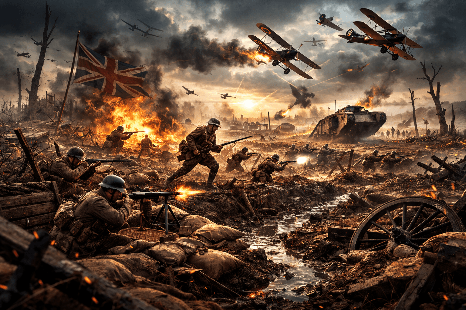 Battle in the trenches at dawn.