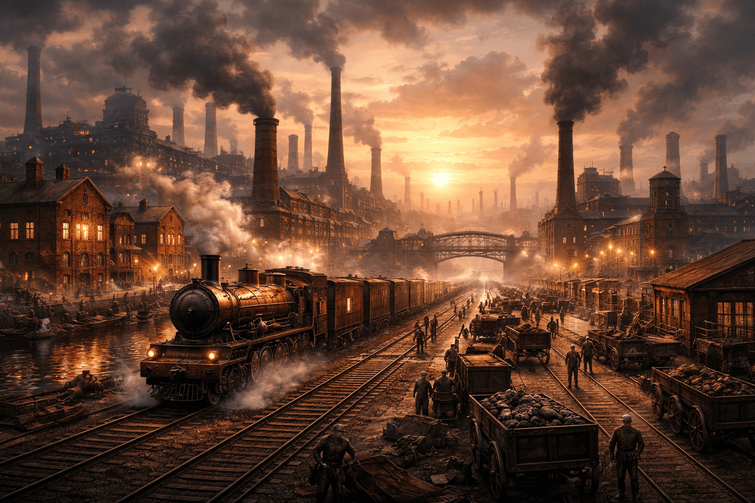 Factories, steam engines and railways of the Industrial Revolution.