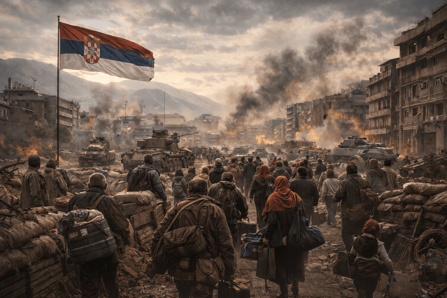 Fleeing a war torn city.