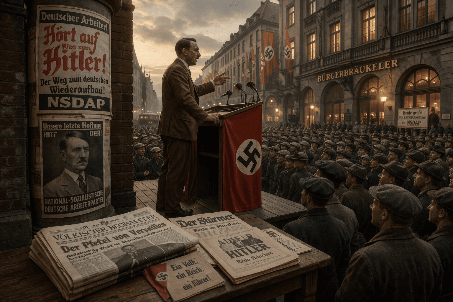 Adolf Hitler addressing vast crowds at a Nazi rally in Nuremberg, surrounded by swastika banners and ranks of uniformed supporters
