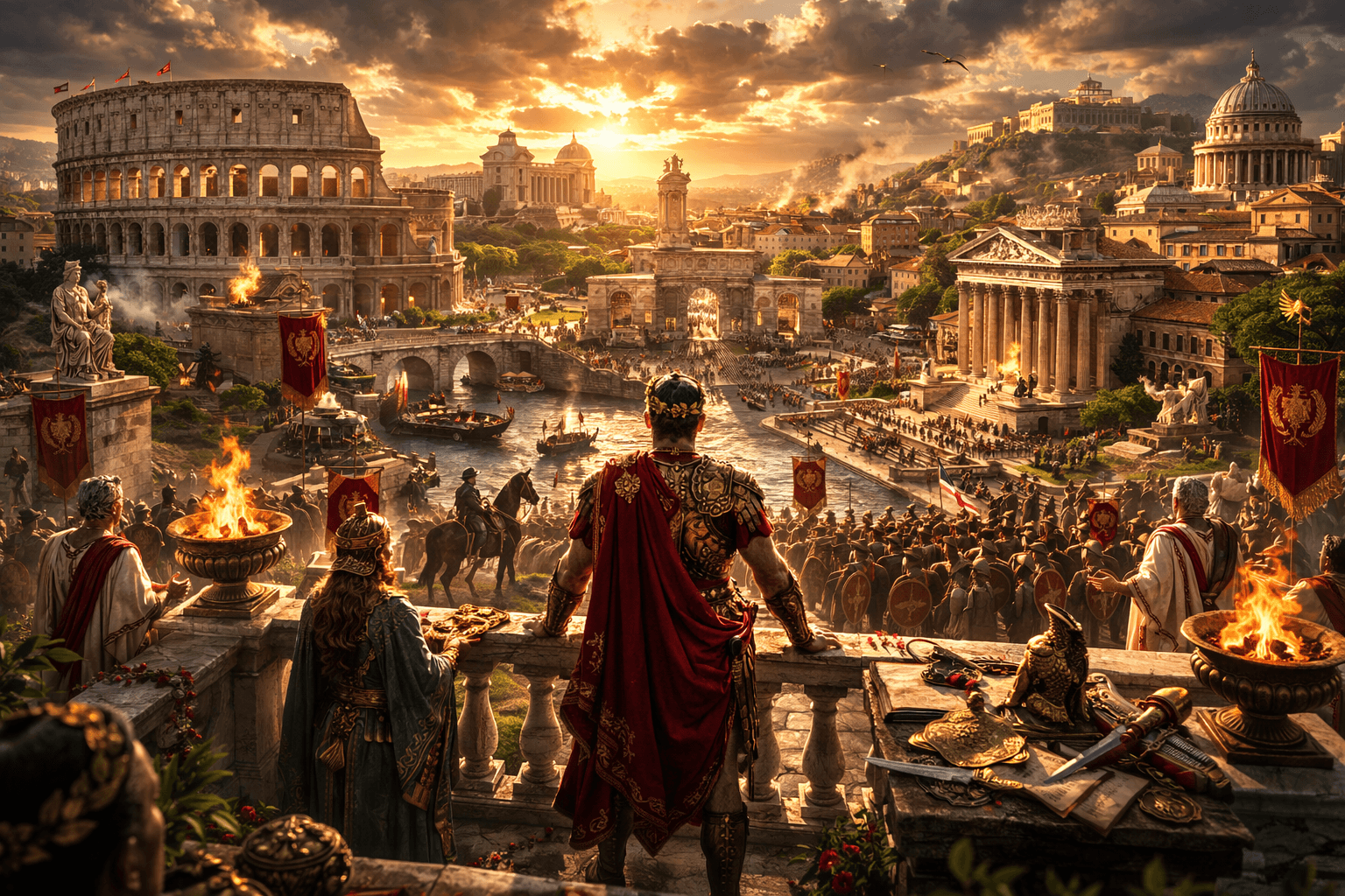 The Roman Empire at its height, with imperial architecture, roads, soldiers and Mediterranean trade.