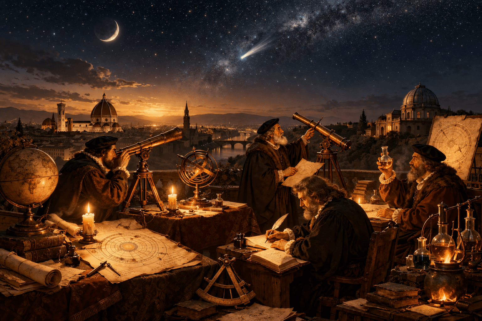 Astronomers and natural philosophers observing the cosmos with early scientific instruments.