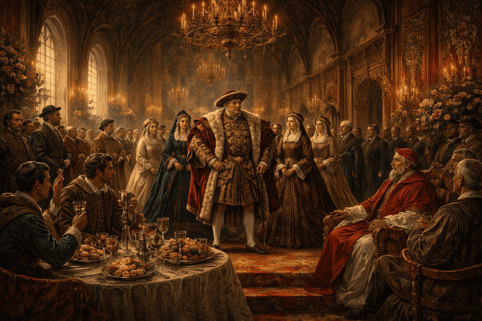 A Tudor royal court with Henry VIII and richly dressed nobles in a grand palace interior