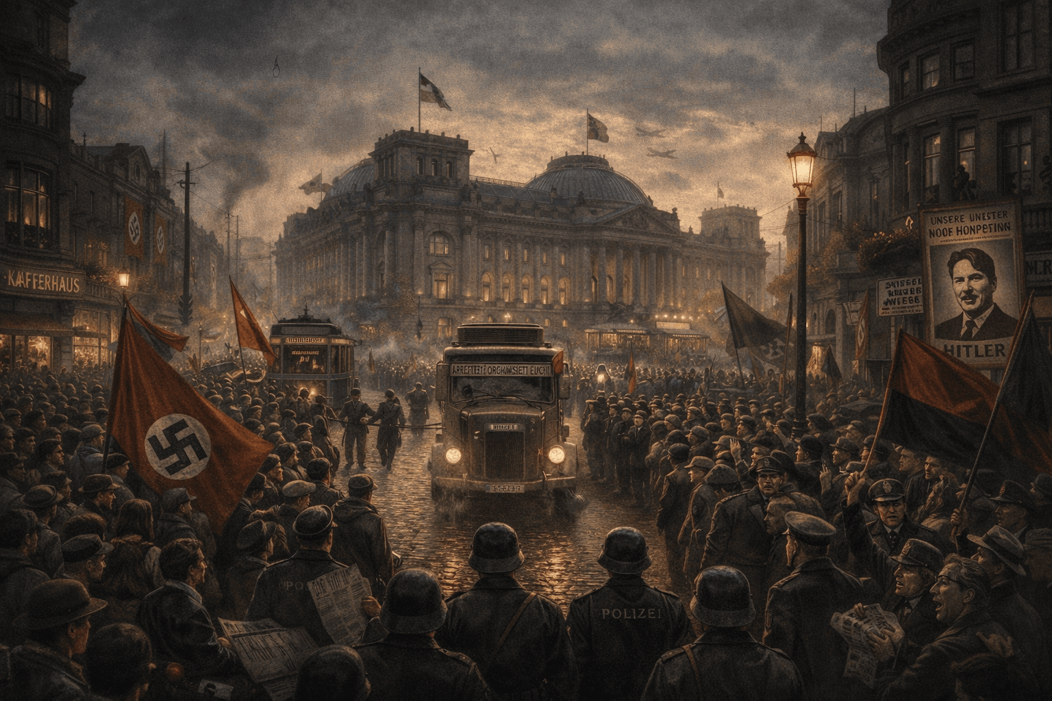 Berlin in the 1920s, with crowds, political tension and the Reichstag in the background